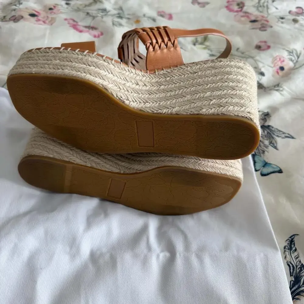Veronica Beard Cognac Woven Leather Espadrille Wedges